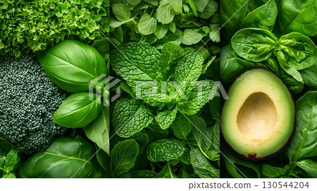 Fresh Green Vegetables and Herbs with Avocado on Wooden Background for Healthy Cuisine Fresh Green Vegetables and Herbs with Avocado on Wooden Background for Healthy Cuisine 130544204