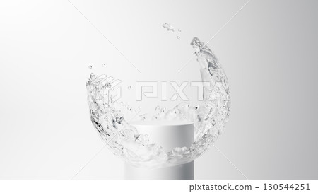 白色基座，水流在白色背景上以圓週運動劇烈流動。 3D（水平） 130544251
