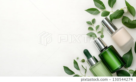 Green and Natural Beauty Products with Leaves on Light Wooden Background 130544274