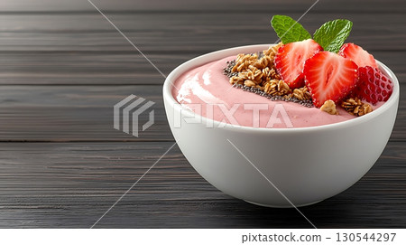 Fresh Strawberry Yogurt Bowl with Granola and Mint on Wooden Table Surface 130544297