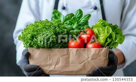Fresh Organic Vegetables in Brown Paper Box Held by Chef in Kitchen Setting 130544353