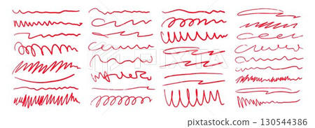 Red hand drawn brush strokes set. Sketched doodle scrawl lines collection. Jagged, wavy, squiggle scribble stripes pack. Marker note signs bundle for mark, emphasis, accent, highlight. Vector Red hand drawn brush strokes set. Sketched doodle scrawl lines collection. Jagged, wavy, squiggle scribble stripes pack. Marker note signs bundle for mark, emphasis, accent, highlight. Vector 130544386