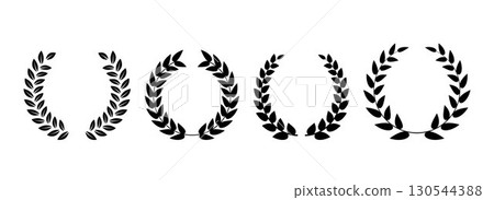 Retro laurel wreaths set. Circle winner trophy decor elements for award banner, emblem, label, badge. Black round branches with olive leaves collection. Vintage Greek triumph ornament pack. Vector Retro laurel wreaths set. Circle winner trophy decor elements for award banner, emblem, label, badge. Black round branches with olive leaves collection. Vintage Greek triumph ornament pack. Vector 130544388