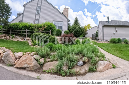 A front yard in a suburban neighborhood featuring large decorative boulders, green shrubs, and a house with gray siding. The landscape appears well-maintained and lush with natural textures. A front yard in a suburban neighborhood featuring large decorative boulders, green shrubs, and a house with gray siding. The landscape appears well-maintained and lush with natural textures. 130544455