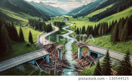 These images capture the destruction of a highway bridge in the middle of a vibrant, green valley. The bridge is broken with debris scattered across the river. The surrounding landscape is rich with 130544525