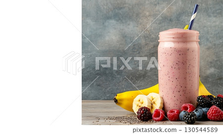 Refreshing Fruit Smoothie with Berries, Banana, and Healthy Ingredients on Rustic Table 130544589