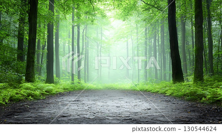 Serene Foggy Forest Path Surrounded by Lush Greenery and Tall Trees in Natural Light 130544624