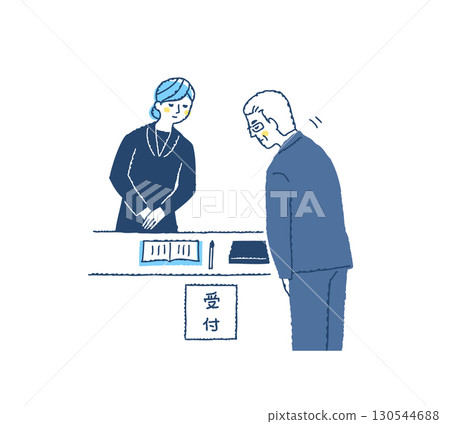 一名男悼念者鞠躬，一名女工作人員在接待處 130544688