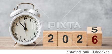 Happy New Year with vintage alarm clock and flipping 2025 change to 2026  block. Christmas, New Start, Resolution, countdown, Goals, Plan, Action and Motivation Concept 130544733