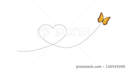 Butterfly with a dashed line leading it toward a heart-shaped path. 130545099