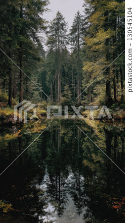 Serene forest lake reflection calm water surrounded by tall evergreen tree peaceful nature 130545104