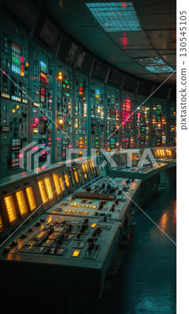 Control room, nuclear power plant, illuminated panel, technology, energy, futuristic, safety 130545105