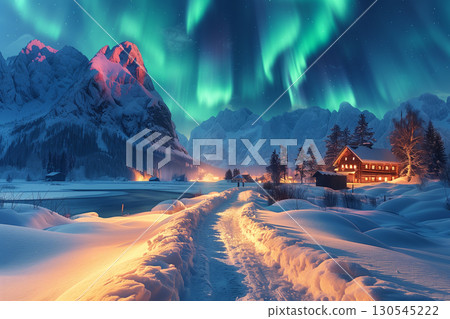 Northern lights in the mountains. Beautiful winter night landscape. 130545222
