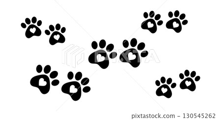 Cute Black and White Paw Prints with Hearts. Cartoon Style Paw Foot. 130545262