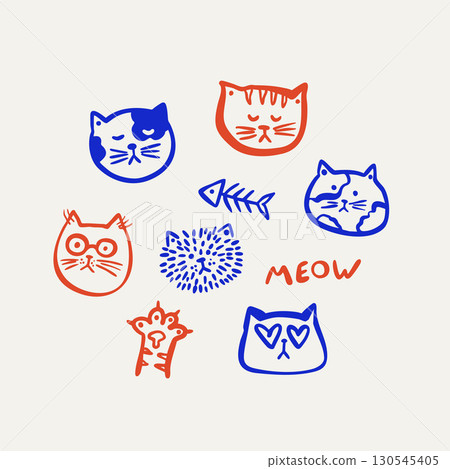 pattern with cute kitty paw and MEOW lettering. 130545405