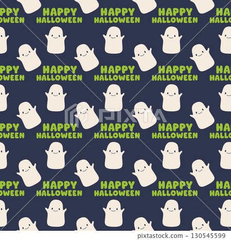 Flat style seamless Halloween pattern with cute ghost and Happy Halloween text. Fun spooky design for seasonal decoration, wrapping paper, textile and print. Flat style seamless Halloween pattern with cute ghost and Happy Halloween text. Fun spooky design for seasonal decoration, wrapping paper, textile and print. 130545599