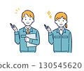 Illustration of a man and woman in work clothes giving directions 130545620