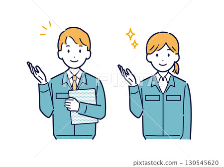 Illustration of a man and woman in work clothes giving directions Illustration of a man and woman in work clothes giving directions 130545620