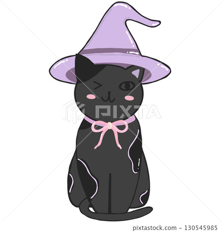Black Cat witch in black hat hand drawn illustration 130545985