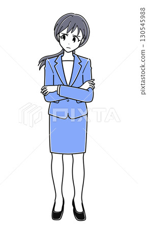 An office lady in a suit with her arms folded and a suspicious look on her face (simple, full body) 130545988