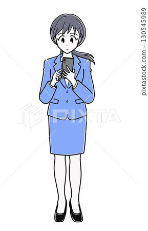 An office lady in a suit operating a smartphone (simple, whole body) An office lady in a suit operating a smartphone (simple, whole body) 130545989