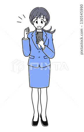 A suit-wearing office lady who clenches her fist and looks at her smartphone (simple, full body) A suit-wearing office lady who clenches her fist and looks at her smartphone (simple, full body) 130545990