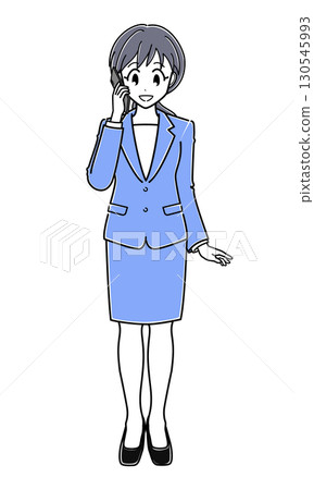 An office lady in a suit talking on a smartphone (simple, whole body) 130545993