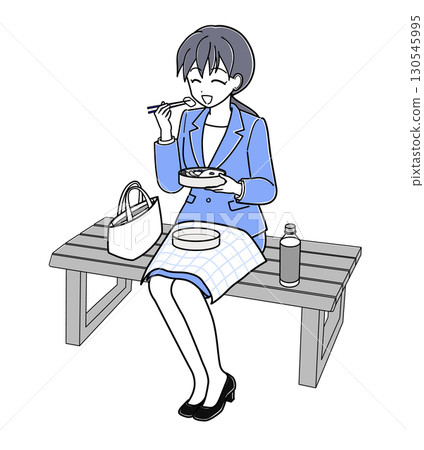 一位身穿西裝的辦公室女士坐在長椅上吃著午餐盒 - 第 1 部分（簡單） 130545995