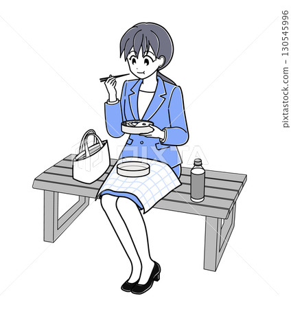 A suit-wearing office lady sitting on a bench eating a lunchbox, part 2 (simple) 130545996