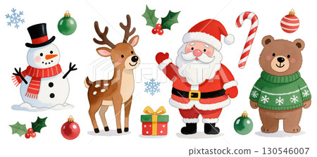 Christmas watercolor set with Santa, snowman, reindeer, bear, gifts, and decorations, isolated on white background. Cute festive collection. 130546007