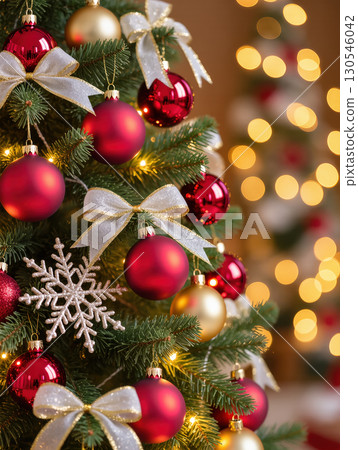 Christmas tree decorated with red and gold baubles, white bows and snowflake ornaments, glowing with festive lights 130546042