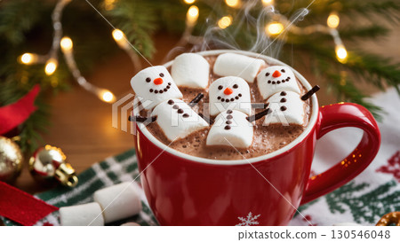 Christmas hot chocolate with cute marshmallow snowmen in red mug, surrounded by festive decorations and warm lights Christmas hot chocolate with cute marshmallow snowmen in red mug, surrounded by festive decorations and warm lights 130546048