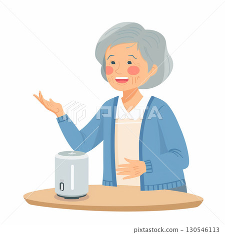 一位老年婦女與智慧揚聲器交談的插圖 130546113