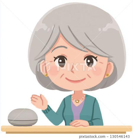 一位老年婦女與智慧揚聲器交談的插圖 130546143