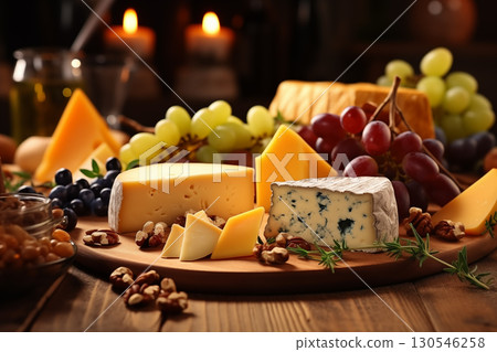 Slices of various cheese types, gouda, blue cheese, pieces of various European cheese kinds on table with grapes, closeup food photo, blurred background 130546258
