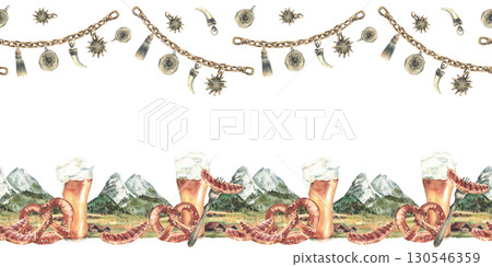 Beer, sausage and pretzel, Bavarian Zugspitze background framed with mens Charivari seamless border Watercolor mountains landscape, Oktoberfest drink and food pattern. Hand drawn isolated illustration Beer, sausage and pretzel, Bavarian Zugspitze background framed with mens Charivari seamless border Watercolor mountains landscape, Oktoberfest drink and food pattern. Hand drawn isolated illustration 130546359