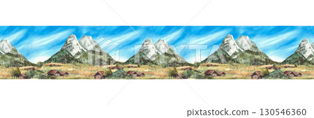 Watercolor Alpine mountains rural landscape seamless border. Zugspitze with blue sky and Cabins on hills and fields pattern. German Bavarian traditional landmark. Isolated from background illustration Watercolor Alpine mountains rural landscape seamless border. Zugspitze with blue sky and Cabins on hills and fields pattern. German Bavarian traditional landmark. Isolated from background illustration 130546360