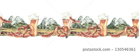 Watercolor Beer with sausage and pretzel against of alpine mountains landscape seamless border. Zugspitze Bavarian nature with Oktoberfest drink and snack. Hand drawn pattern isolated from background 130546361