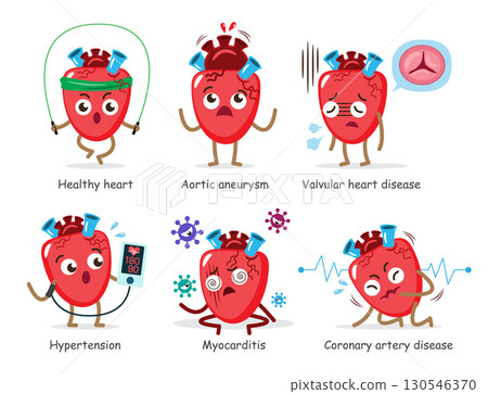 Set of Human heart internal organ cartoon character illustration set 1 of 4 . White isolated background . Vector . Set of Human heart internal organ cartoon character illustration set 1 of 4 . White isolated background . Vector . 130546370