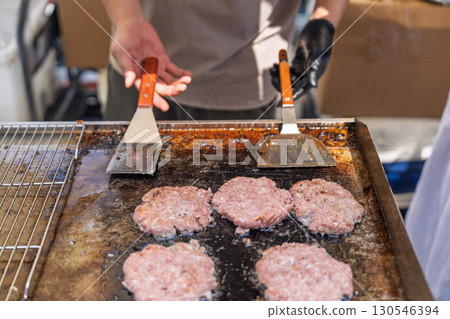 Sizzling hamburger patties on the iron plate Sizzling hamburger patties on the iron plate 130546394
