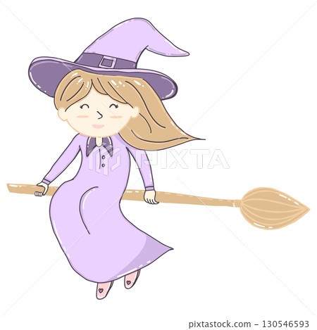 Little witch flying hand drawn llustration 130546593