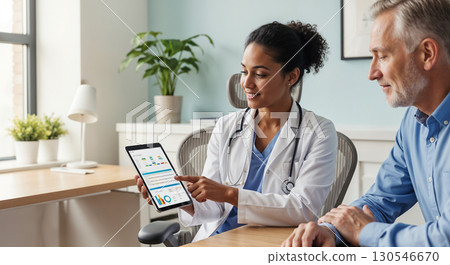 Female doctor of African descent sitting with a senior male patient in a bright modern clinic 130546670