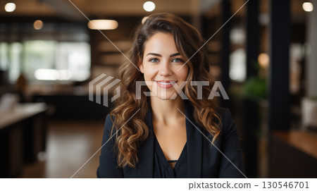 Smilling businesswoman standing at the office,looking at the camera. 130546701