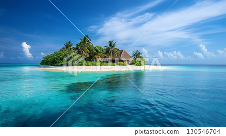 Tropical beach. Summer vacation on a tropical island with beautiful beach and palm trees. Tropical Maldives. 130546704