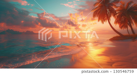 Tropical beach. Summer vacation on a tropical island with beautiful beach and palm trees. Tropical Maldives. 130546759