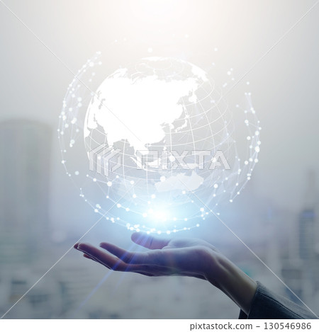 Women's hands and global network Square visual for banners and advertisements 130546986