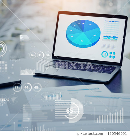 Laptops and statistical data in an office. Square visuals for banners and advertisements. 130546991