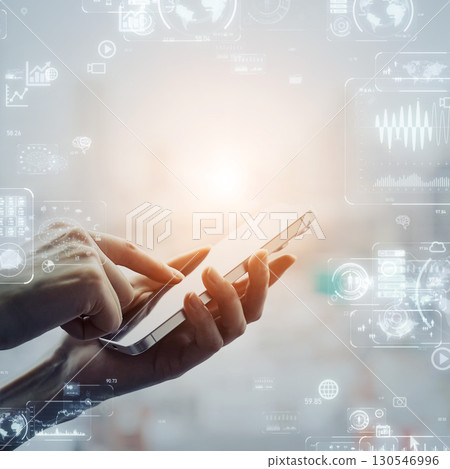 Woman using a smartphone and digital technology Square visual for banners and advertisements 130546996