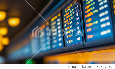 Display of stock market quotes on digital screen at airport terminal with shallow depth of field 130547230