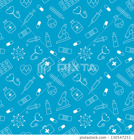 Seamless medical pattern with healthcare icons on blue background. Recolorable endless pattern with white line icons Seamless medical pattern with healthcare icons on blue background. Recolorable endless pattern with white line icons 130547251